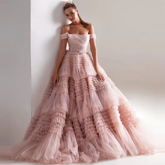 Light Pink Ball Gown Evening Dress Sweet Tulle Sweep Train Prom Dress Off Shoulder Party Dress فساتين مناسبة رسمية