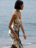 New Women Summer Sexy Backless Pearl Beads Diamonds Silver Sequin Midi Bodycon Dress 2025 Elegant Evening Party Gowns Vestido