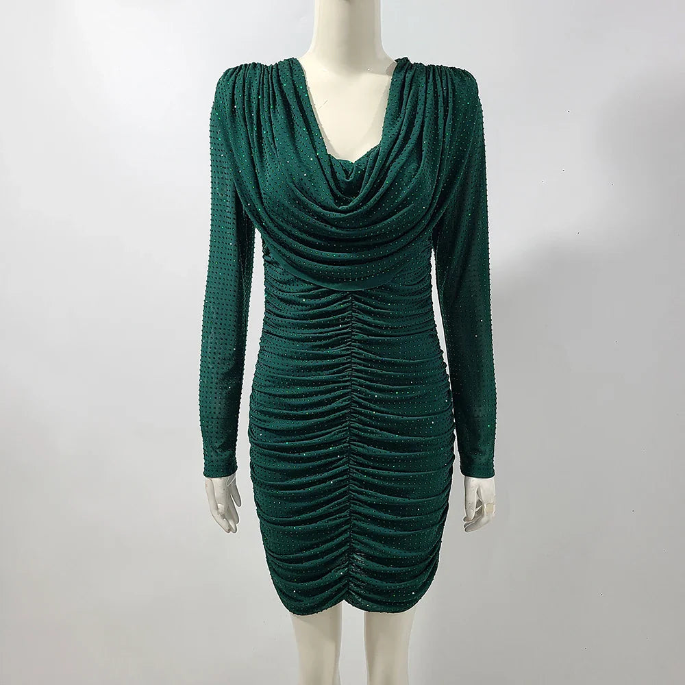 Rhinestone Long Sleeve Sexy Mini Dress For Women Fashion Shawl Collar Bodycon Club Dress Elegant Female Party Clothes Dark Green