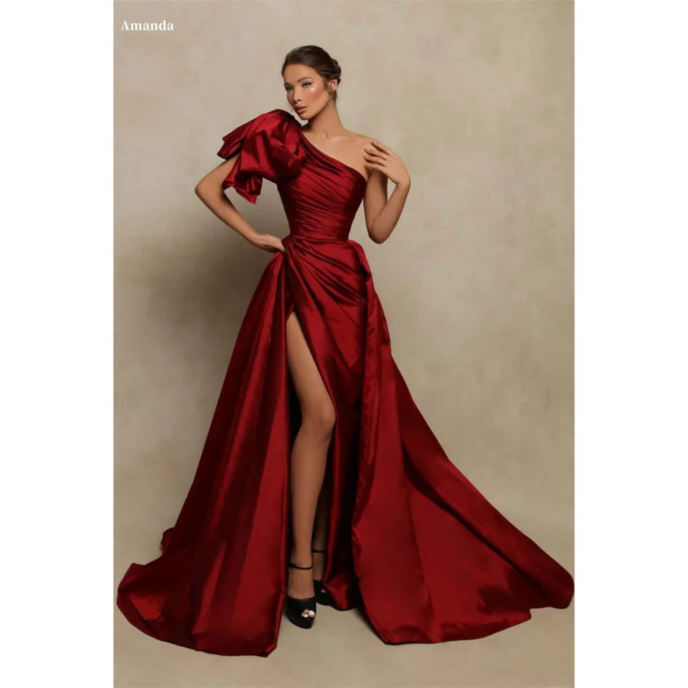 Amanda Wine Red Satin Prom Gown A-line Side High Split One Shoulder Evening Formal Elegant Sleeveless Floor-Length Party Dresses