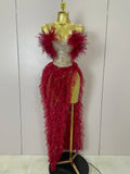 Women Pink Ruffles Sexy Strapless Mini Tops 2 PCS Set Dress Nightclub Bar Birthday Party Evening Stage Performance Costume Red