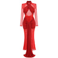 Red Color Women Long Sleeve Shinning Rhinestones Mesh Bodycon Long Dress Fashion Nightclub Party Celebrate Outfit Vestido