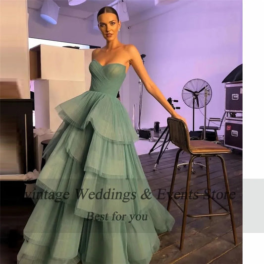 Mint Green Prom Dresses Organza Strapless A-Line Tiered Layered Skirt Pleat Ruched Floor Length Women Party Gowns