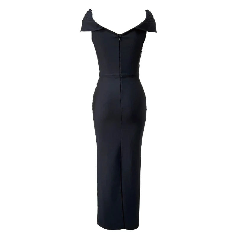 Shinning Crystal Women Sexy Short Sleeve V-Neck Bodycon Bandage Long Dress Elegant Evening Party Celebrate Outfit