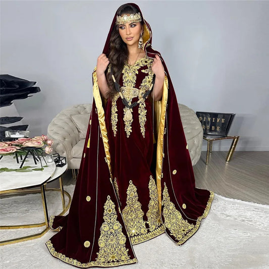 Elegant Burgundy Mermaid Kaftan Evening Dress Lace Appliques Cape Prom Gown Mid Slit Floor Length Algerian Outfit Burgundy