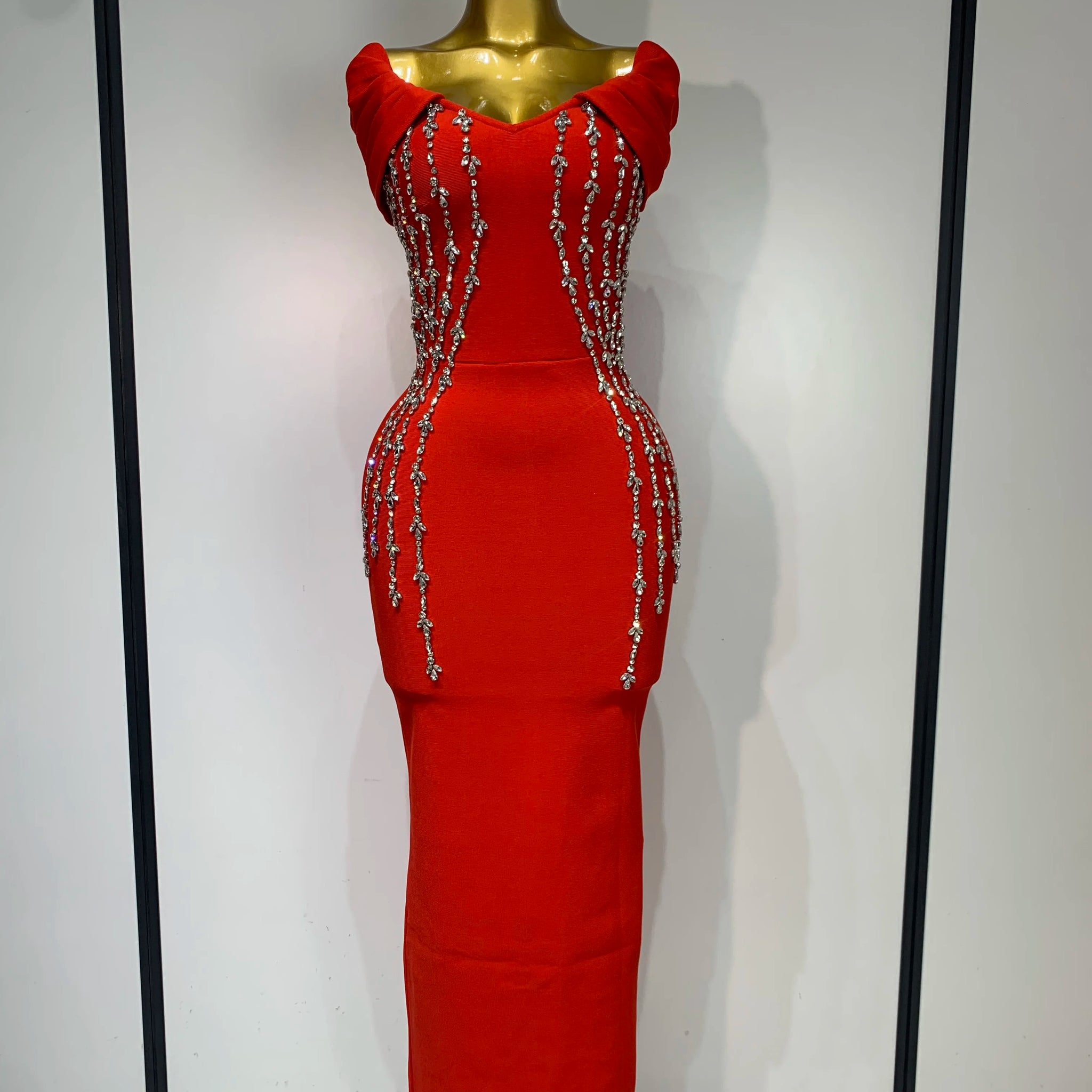 New 2025 Women Black Red Long Bodycon Bandage Dress Luxury Rhinestone Evening Party Celebrity Elegant Club Dress Vestido Red