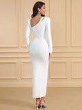 Spring Sexy Women's Nail Diamond Design Bandage Dress O-Neck Long Sleeve Bodycon Split Length Dress Evening Party Vestidos