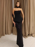 Spring Women Sexy Strapless Shinning Sequins Bodycon Long Bandage Dress Celebrity Red Carpet Evening Party Dress black