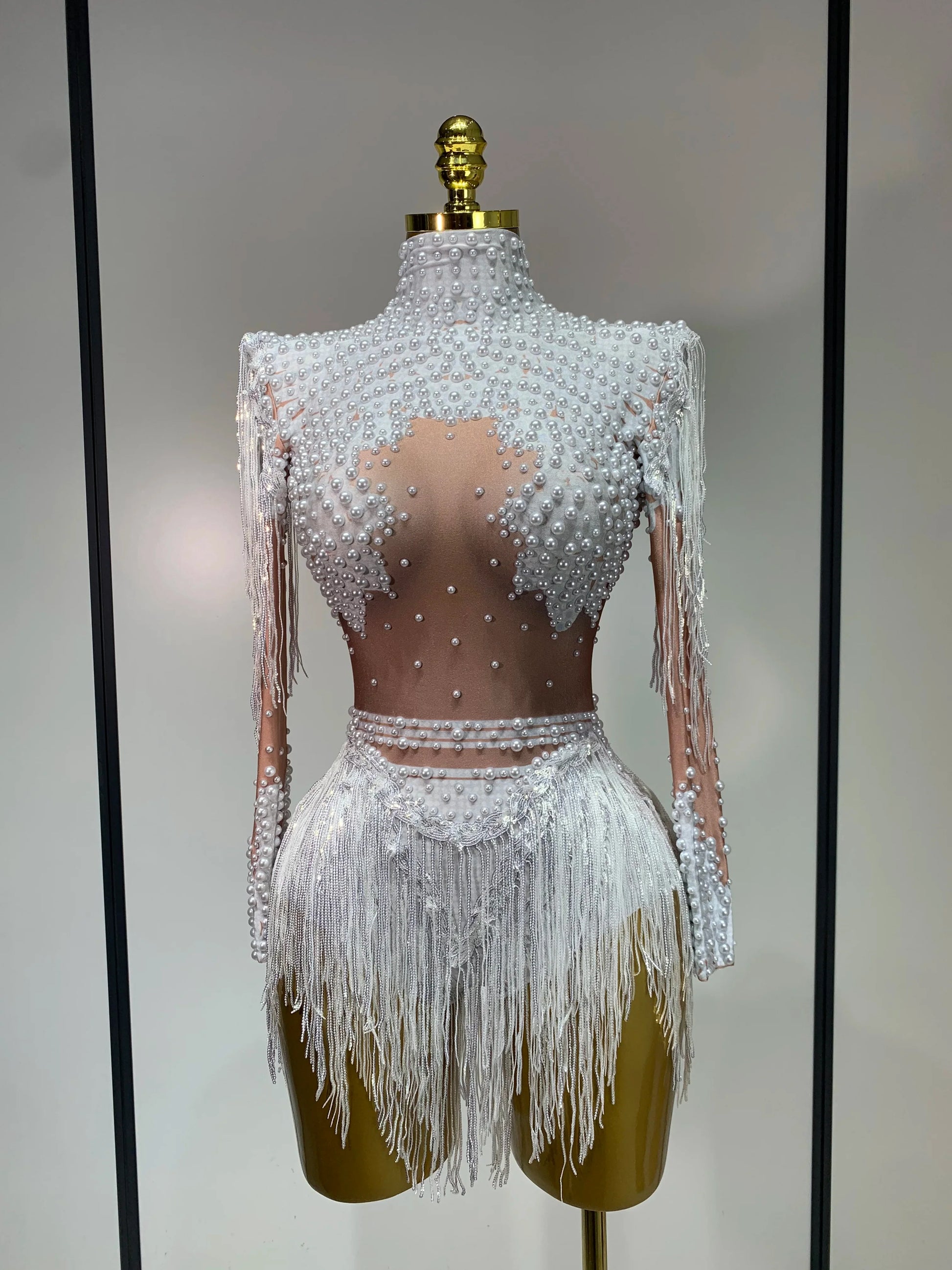 Women Long Sleeve Sexy Shinning Tassels Rhinestone Bodycon Bodysuit High Stretch Bar Dancer Nightclub Stage Wear Birthday Outfit WHITE