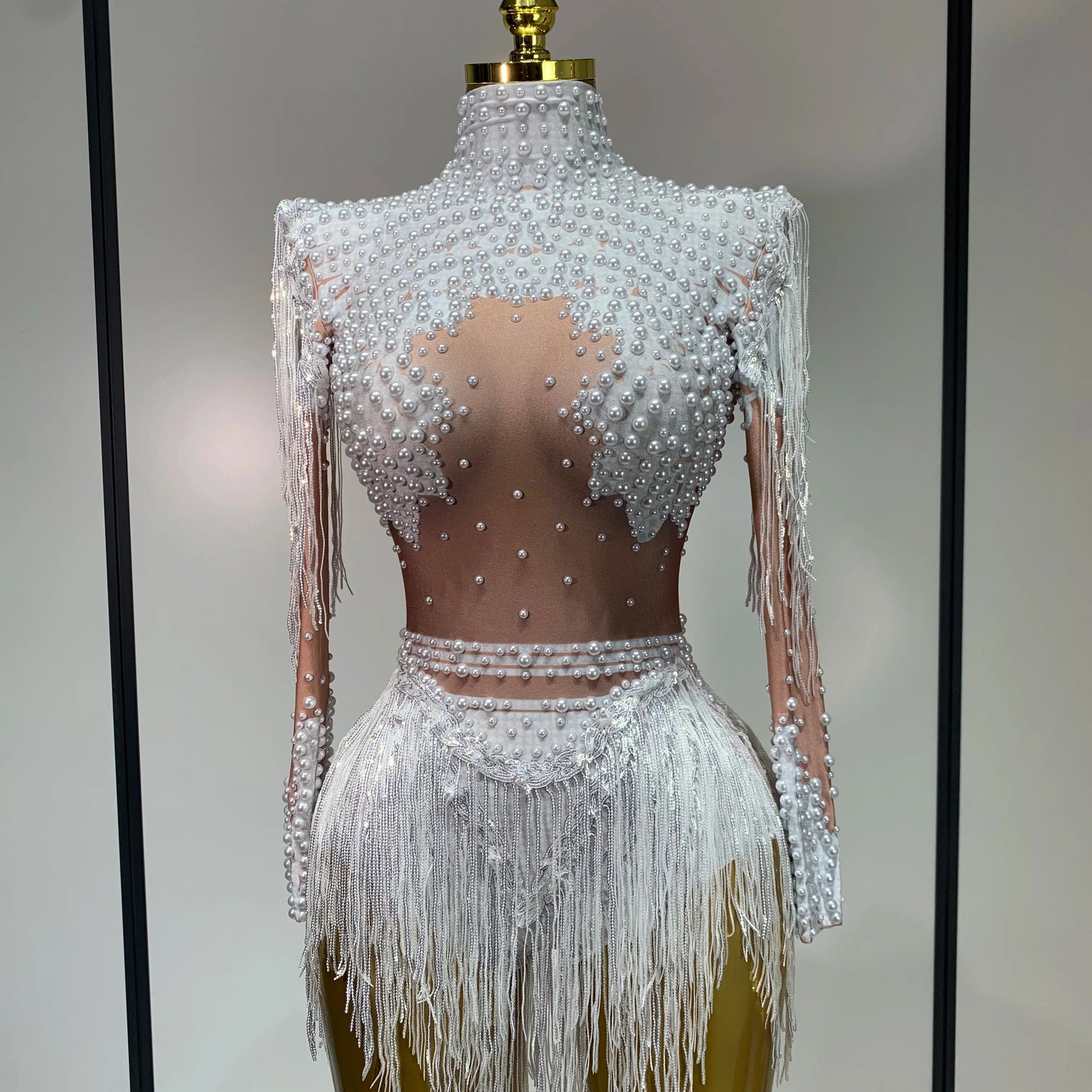 Women Long Sleeve Sexy Stretch Bodycon Shinning Tassels Rhinestones Bodysuit Celebrate Birthday Club Evening Party Stage Outfit WHITE