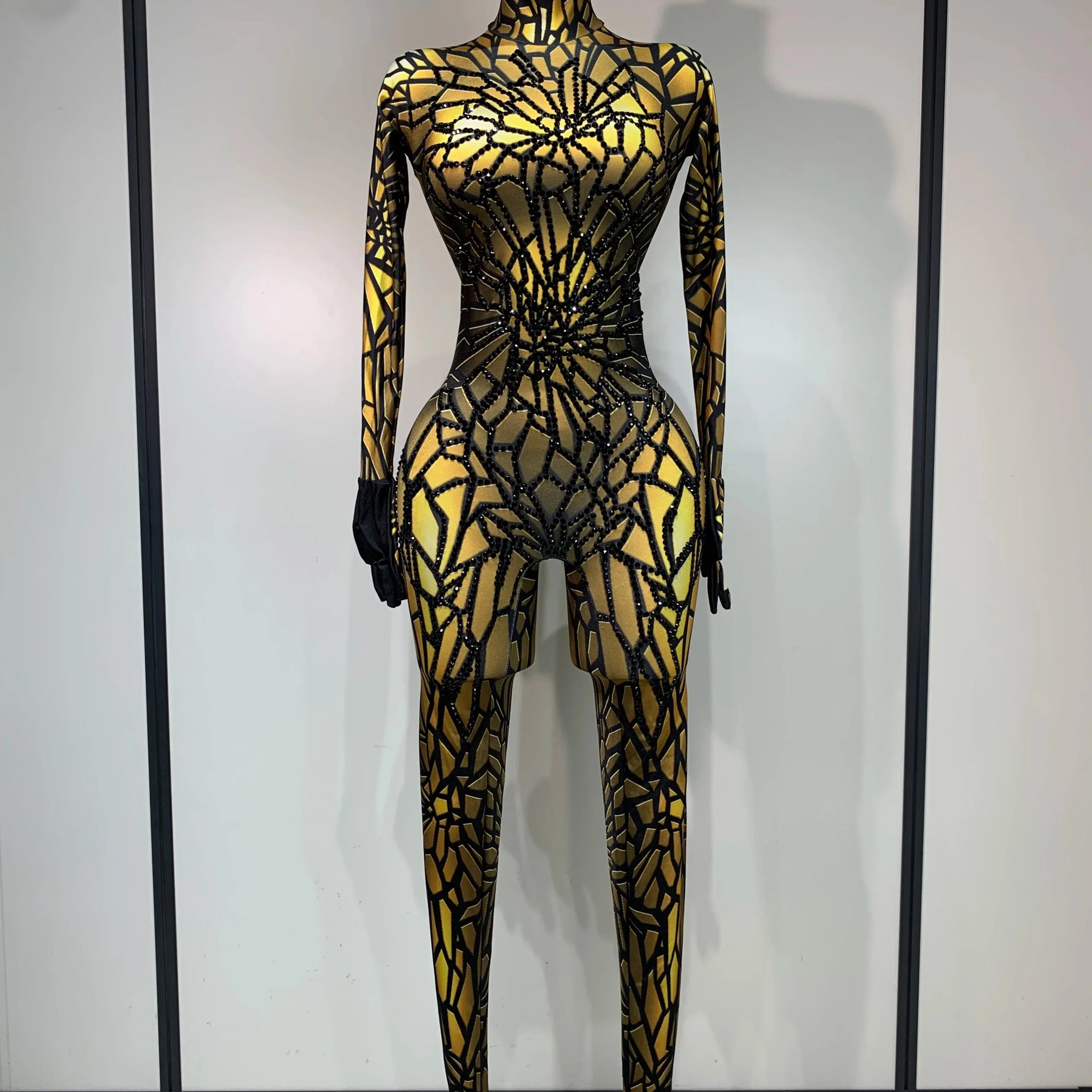 Women Sexy Stretch Glitter Rhinestones Bodycon Jumpsuit Dance Bodysuit Party Singer Stage Wear Birthday Drag Queen Costumes Gold