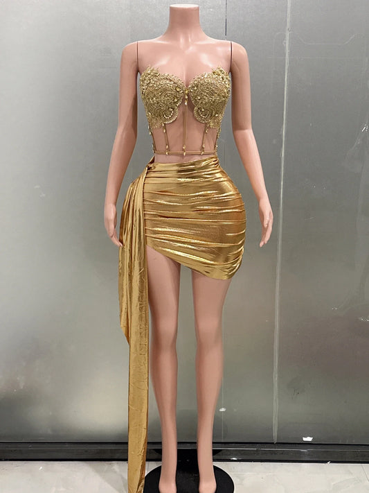 Sexy Women Shinning Sequins 2 Pieces Bodycon Mini Dress Fashion Celebrate Nightclub Party Bar Singer Performance Costume