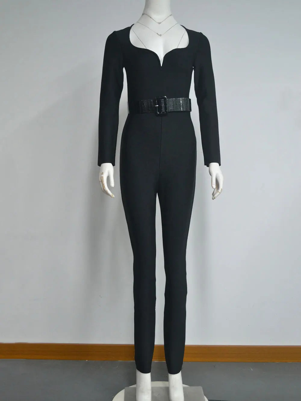 Women'S Bandage Pencil Jumpsuit V-Neck Long Sleeved Tight Black Waistband Design+Jumpsuit Evening Party Jumpsuit black