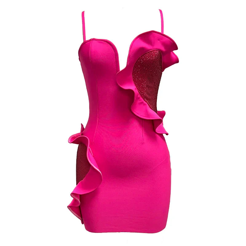 Summer Women Sexy Rosered Heart Rhinestones Bodycon Mini Dress Bandage Fashion Celebrate Nightclub Party Birthday Dress