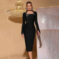 Women Autumn Sexy Long Sleeve Diamond Crystal Black Midi Bodycon Bandage Dress Elegant Party Performance Vestidos black