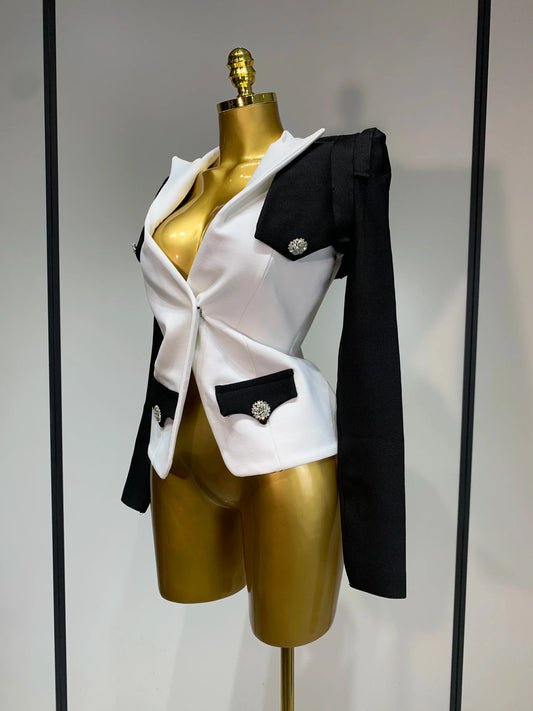 New Designer Fashion Black White Bandage Jacket Two Piece Set Women Slim Fit Diamond Button Suit Jackets Coat