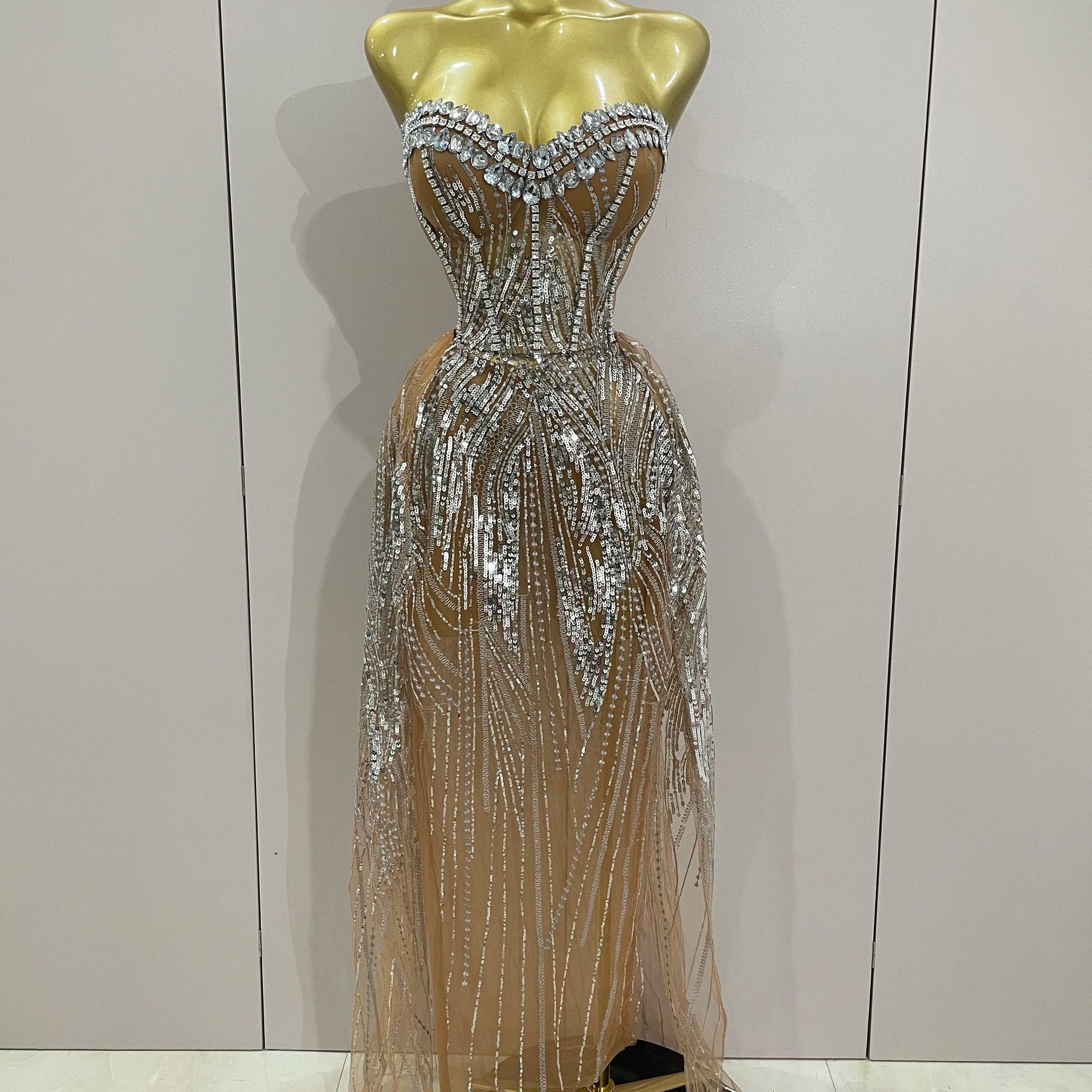 Sparkly Rhinestone Sequins Sexy Strapless See-Through Long Dress Women Evening Birthday Party Dress Nightclub Stage Costume Silver