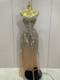Sparkly Rhinestone Sequins Sexy Strapless See-Through Long Dress Women Evening Birthday Party Dress Nightclub Stage Costume Silver