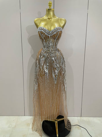 Sparkly Rhinestone Sequins Sexy Strapless See-Through Long Dress Women Evening Birthday Party Dress Nightclub Stage Costume Silver