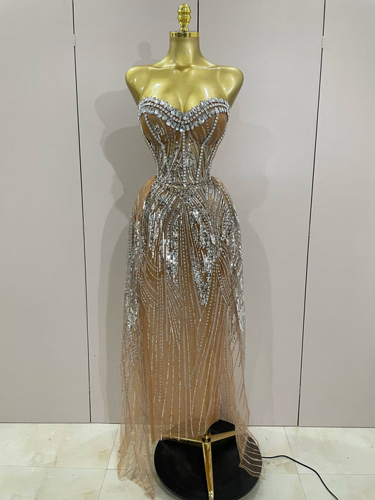 Sparkly Rhinestone Sequins Sexy Strapless See-Through Long Dress Women Evening Birthday Party Dress Nightclub Stage Costume Silver