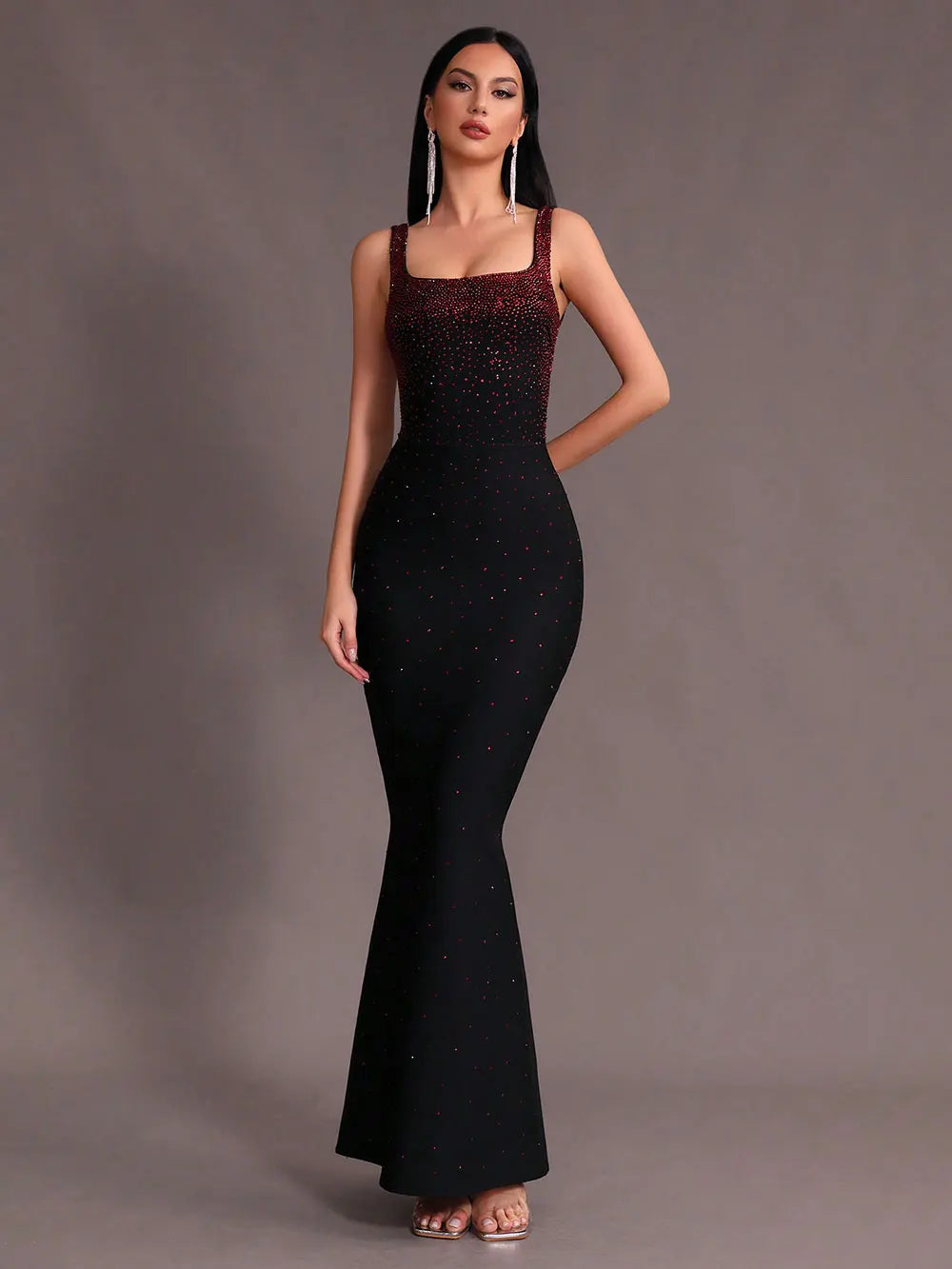 Elegant Women Light Luxury Hot Diamond Bandage Dress Camisole Sleeveless Bodycon backless Long Dress Evening Party Vestidos black
