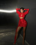 2024 Fashion Red White Women Gloves Sexy Bodycon Mini Draped Dress Nightclub Party Bar Singer Birthday Celebrate Dress