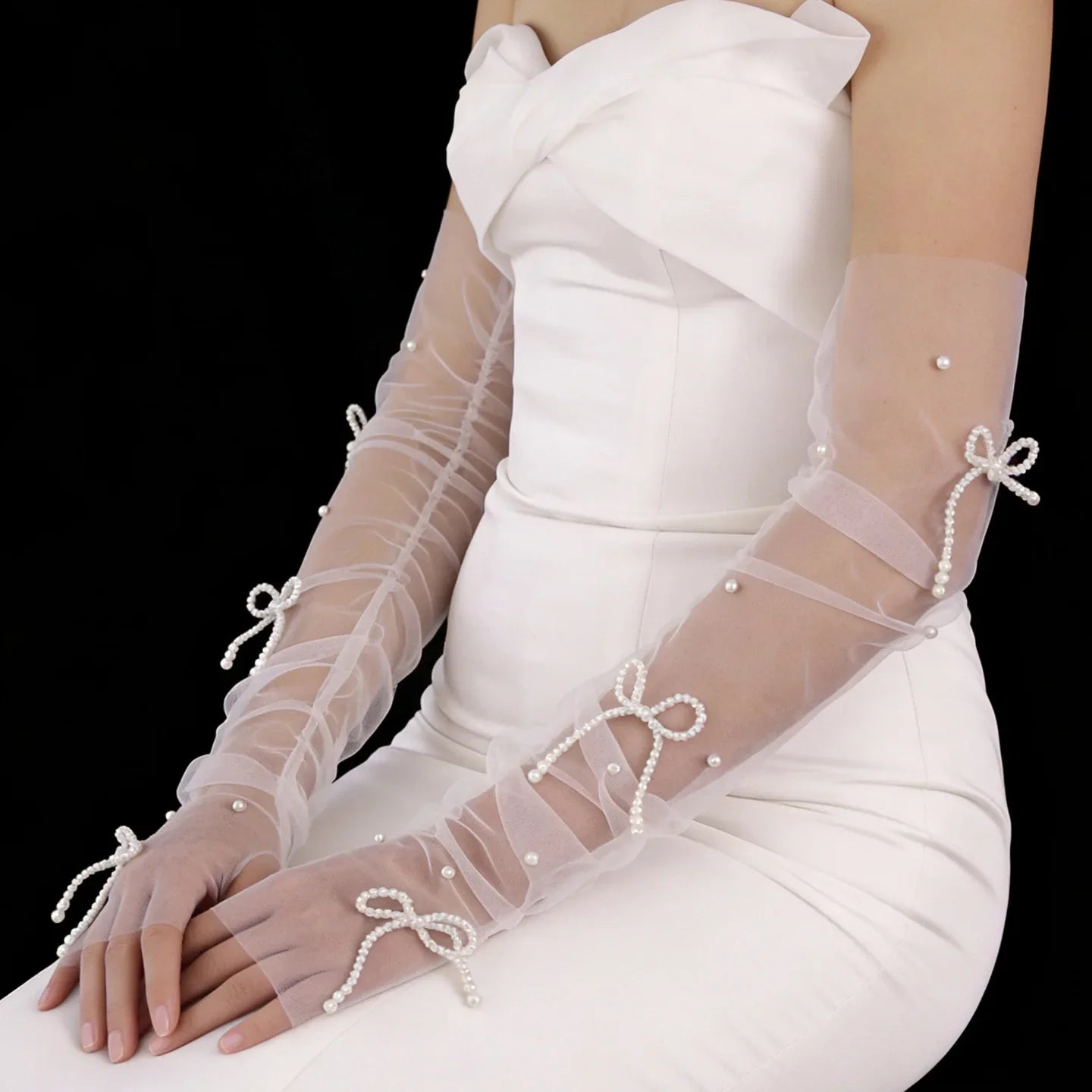 Fingerless Long Bridal Gloves Pearl Wristband Wedding Glove For Women Girl Party Evening Dress Jewelry Brides Accessories