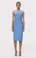 Skyblue Color Women Sleeveless Sexy One Shoulder Bodycon Long Bandage Dress Elegant Evening Party Celebrate Outfit