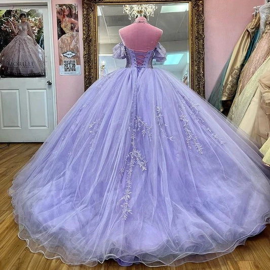 Lavender Ball Gown Quinceanera Dresses Beading Crystal Lace Cinderella Princess Vestidos De 15 Anos Birthday Party