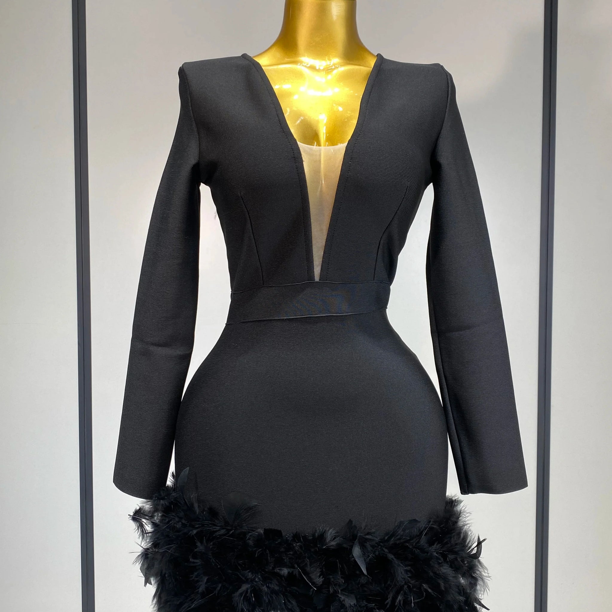 Women Fashion Sexy V Neck Long Sleeve Black Feather Mini Bodycon Bandage Dress Elegant Evening Club Birthday Party Dress black