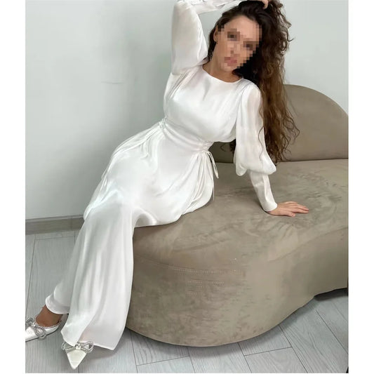 Bella Muslim Silk Satin Prom Dresses Modest A-line Wedding Dress Elegant Long Sleeves Ankle-Length Pleat Vestidos De Fiesta 2024