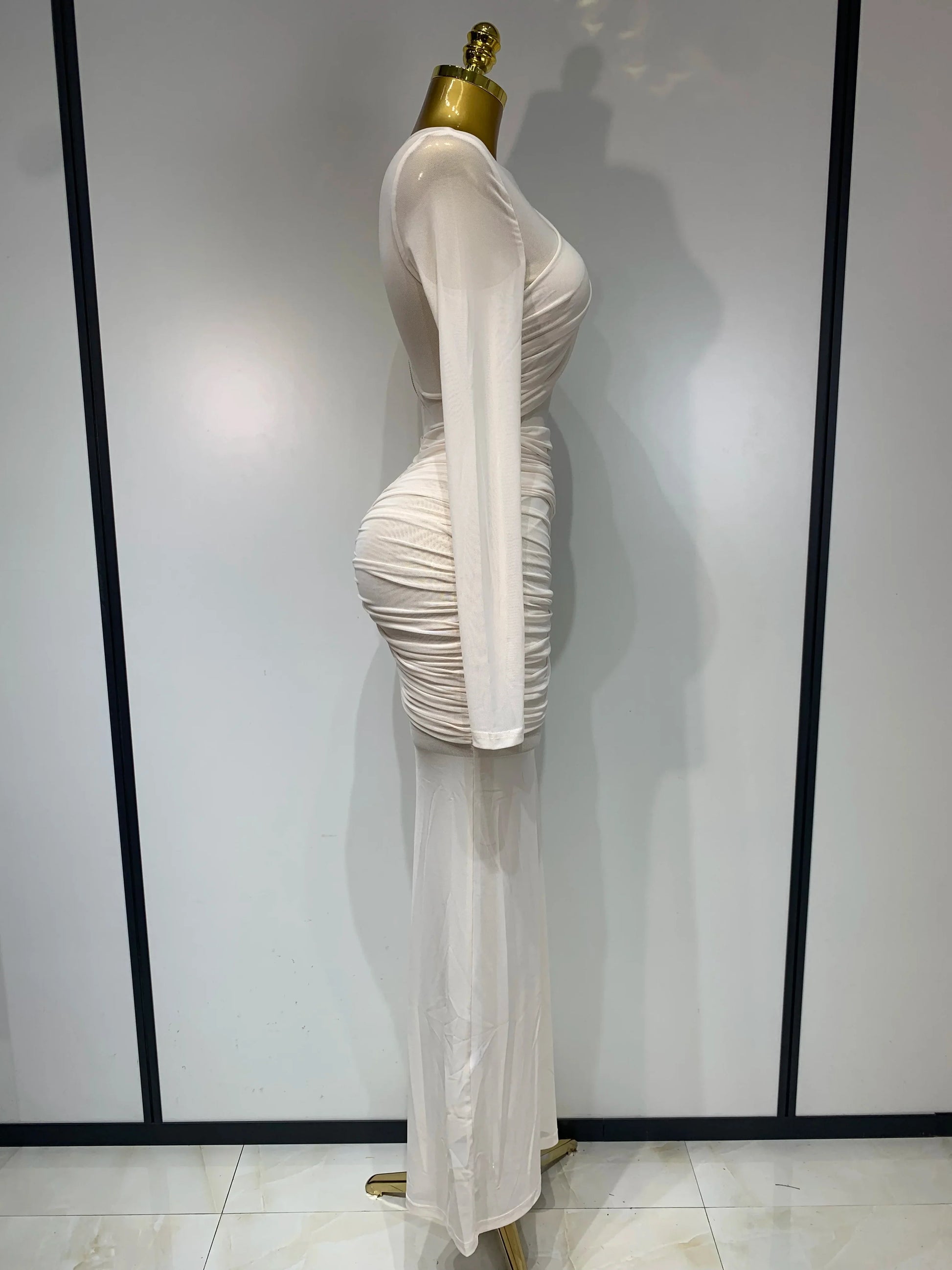 Elegant Mesh Fold Long Sleeve Bodycon Dress Women Evening Party Club Sexy Perspective Fashion Luxury Birthday Dresses
