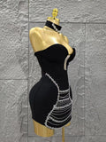 Black Color Women Sexy Strapless Shinning Crystal Bodycon Mini Bandage Dress Necklace Fashion Celebrate Nightclub Party Wear
