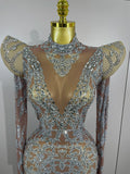 Sexy Singer Stage Drag Queen Costume Women Shiny Rhinestones Transparent Short Dress Birthday Celebrate Photoshoot Dress