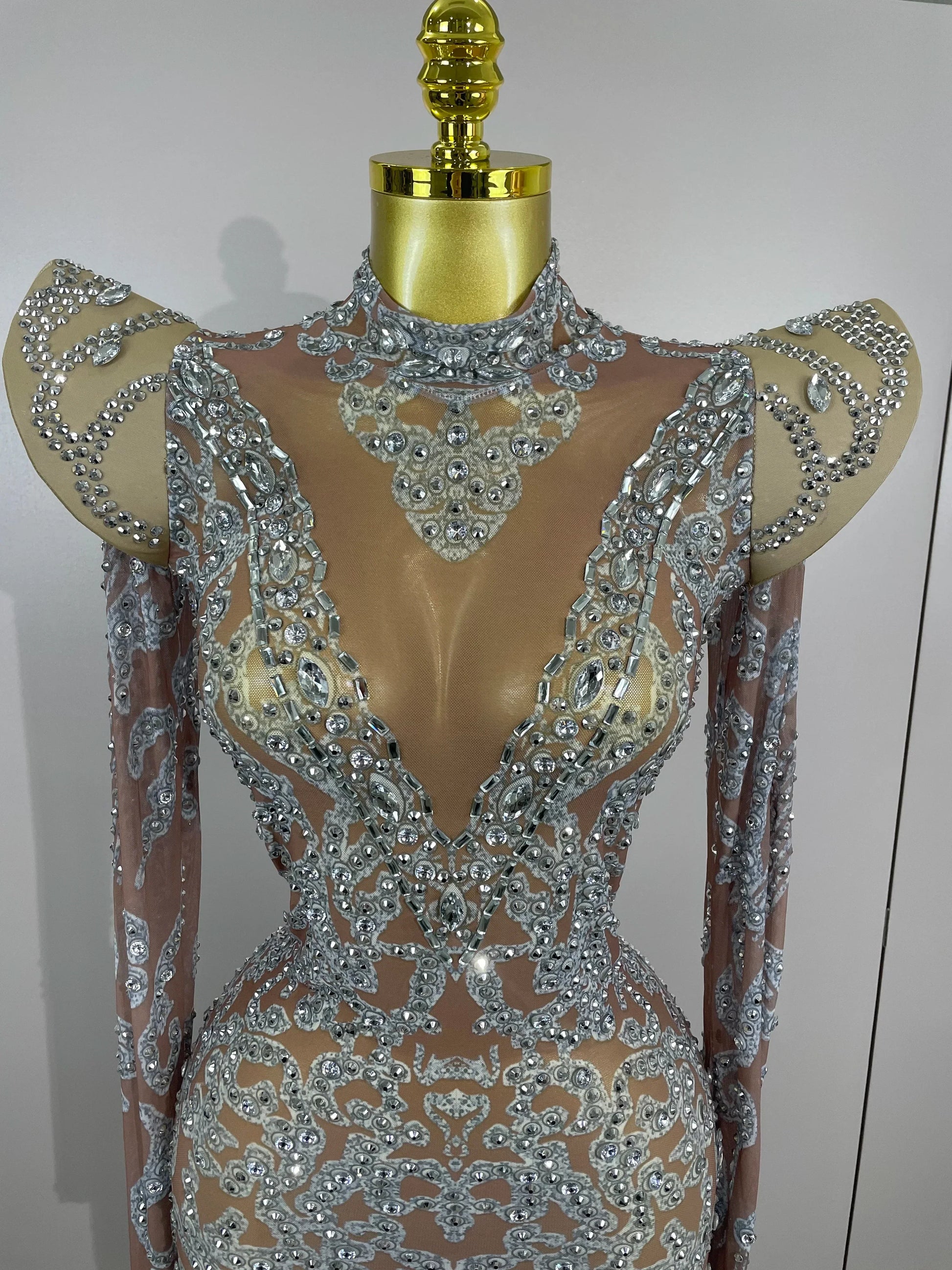 Sexy Singer Stage Drag Queen Costume Women Shiny Rhinestones Transparent Short Dress Birthday Celebrate Photoshoot Dress