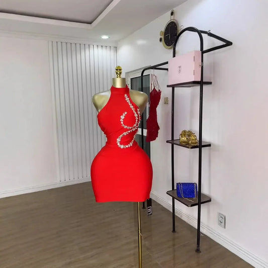 Red Black Color Women Sexy Off the Shoulder Shinning Crystal Bodycon Mini Bandage Dress Nightclub Party Bar Singer Birthday Wear Red