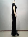 High Quality Women Short Sleeve Pearl Beading Velvet Bodycon Long Dress Elegant Evening Party Celebrate Cocktail Dress