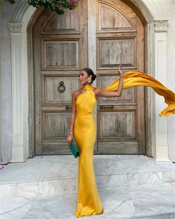 Golden Satin فساتين السهرة Mermaid Sleeveless Vestidos De Noche Floor-Length Elegant Backless Long Shawl Prom Dresses As Picture