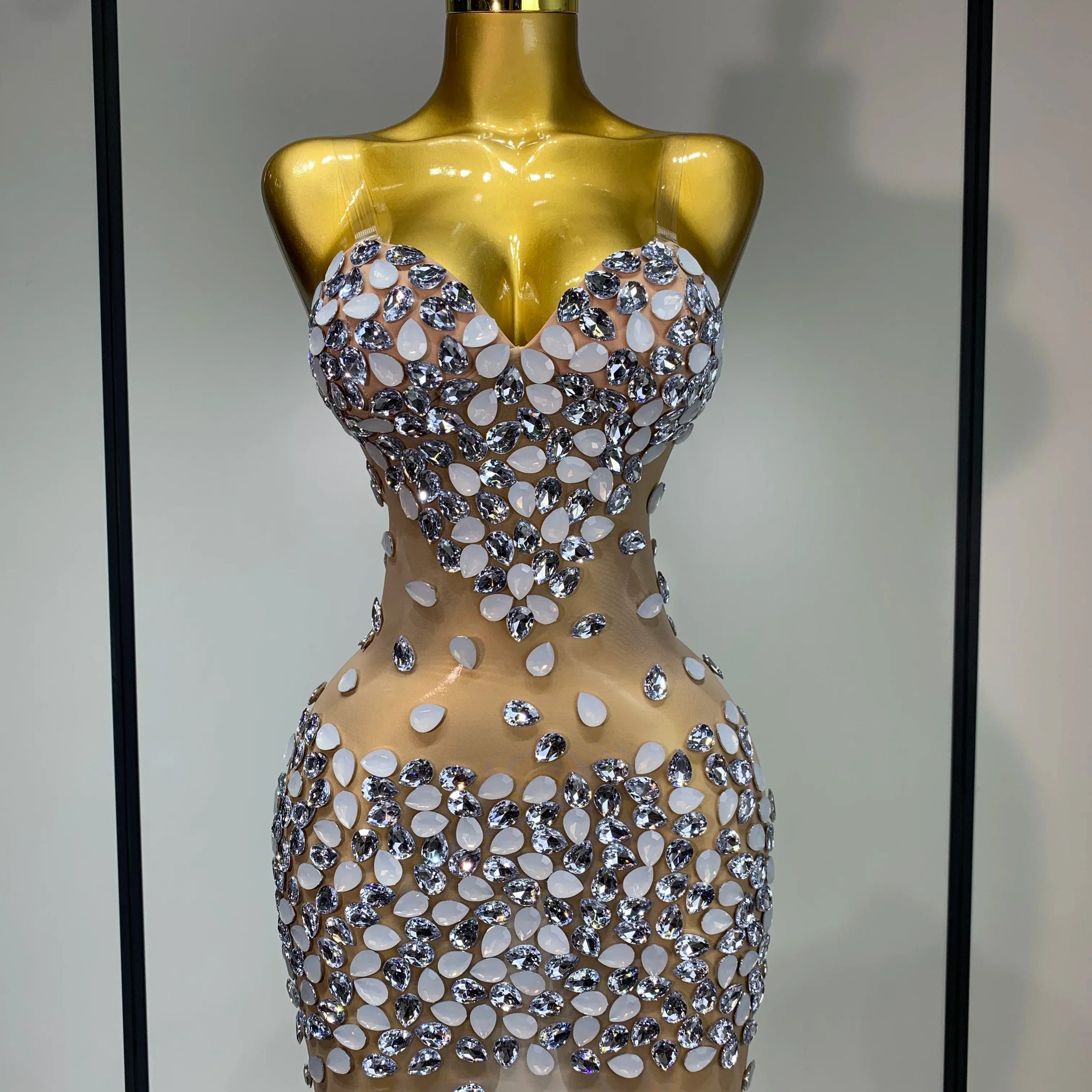 Sexy Sparkly Rhinestone Backless Mini Dress Women Sleeveless Mesh See Through Evening Party Luxury Birthday Gown Stage Outfit Beige
