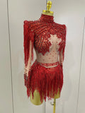 Sparkly Rhinestone Sequin Tassel Stretch Bodysuits Women Birthday Party Nightclub Dj Stage Performance Costume
