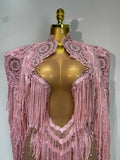 Women Sexy Transparent Long Sleeve Bodycon Dress Two Piece Set Luxury Sequin Fringes Evening Party Celebrity Performance Costume
