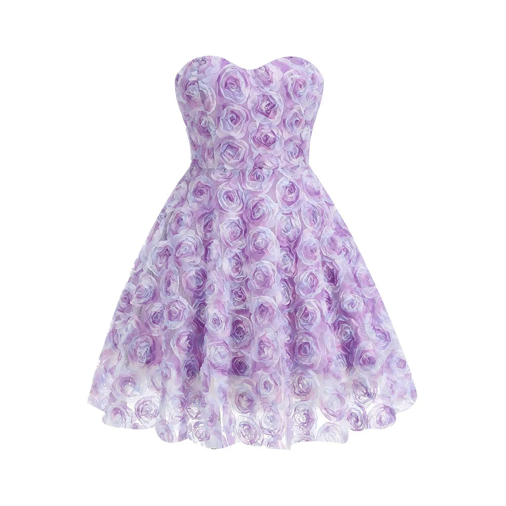 Arrival Purple Color Women Sexy Off the Shoulder Florals Ball Gown Mini Dress Vacation Cute Girls' Birthday Party Dress Lavender