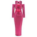 Rosered Color Women Long Sleeve Sexy Keyholes Shinning Sequins Bodycon Long Dress Evening Party Celebrate Cocktail Dress Rose Red