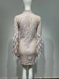 Luxury Exquisite Beading Sequins Feathers Sleeve White Mini Evening Dress Woman Birthday Party Dress Performances Costume