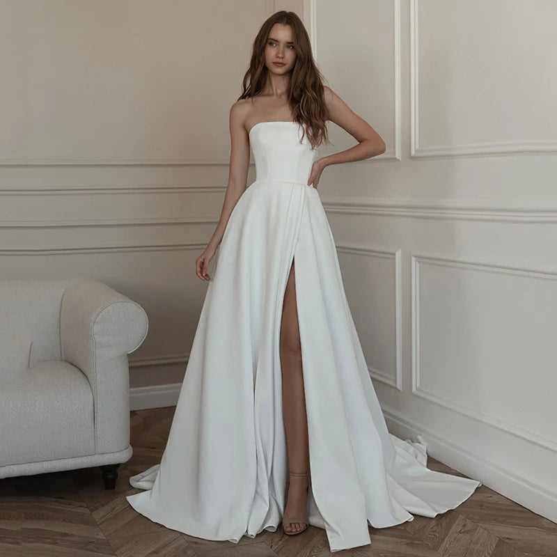 Women A-Line Wedding Dresses Strapless Side Slit Floor Length Bridal Dress Formal Wedding Ball Prom Gowns Customized