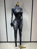 Women Sexy Black Rhinestone Stretch Bodycon Jumpsuit Club Evening Party Birthday Wear Singer Dancer Stage Perform Costume