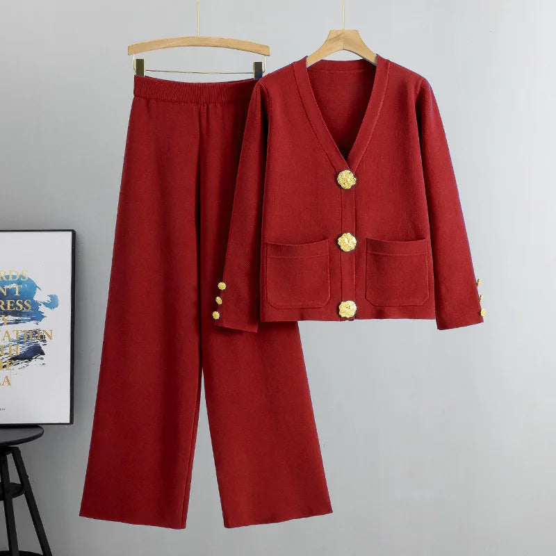 Casual Women's Knitted Pants Set V-neck Long sleeved Single breasted Knitted Sweater Cardigan+Flare Pants Two piece Set Claret