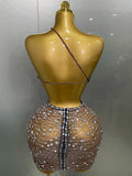 Sexy Shiny Diamond Hollow Out Backless Short Dress Women Evening Celebrate Prom Birthday Party Nightclub Stage Costume