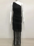 Women's One Shoulder Diagonal Collar Fringe Bandage Long Dress Summer Tassel Vacation Birthday Evening Night Club Vestidos
