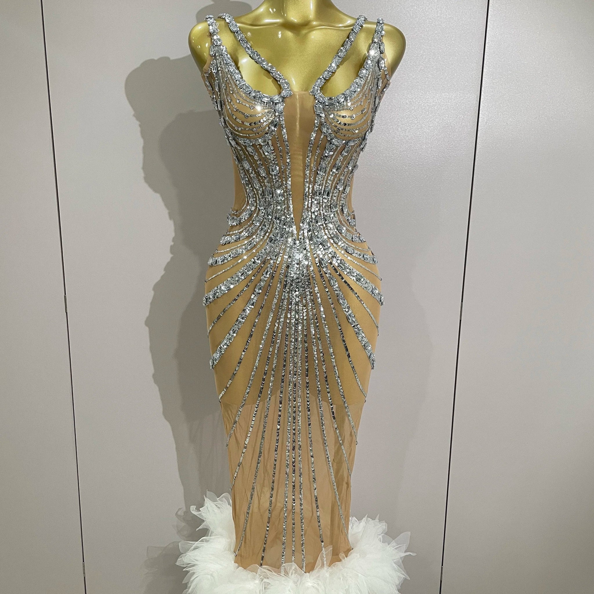Luxury Sexy Silver Rhinestone Mesh See Through Long Dress Women Birthday Party Prom Gown Singer Nightclub Stage Costume Silver